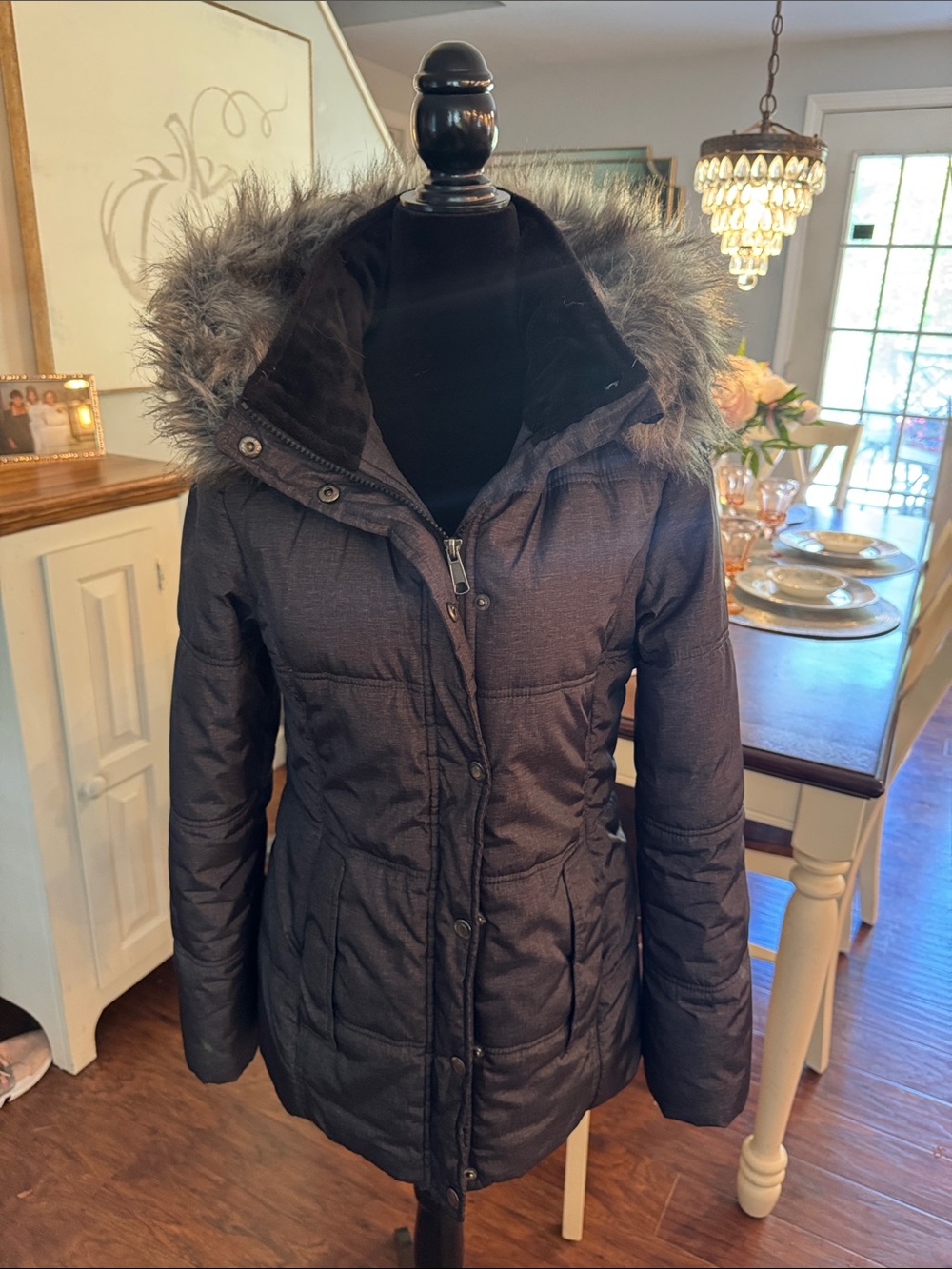 Falls Creek Black Quilted Puffer Coat with Faux Fur Hood
